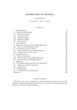 INTRODUCTION to TOPOLOGY Contents 1. Basic Concepts 1 2