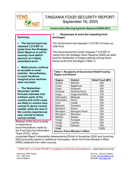 TANZANIA FOOD SECURITY REPORT: September 18, 2003