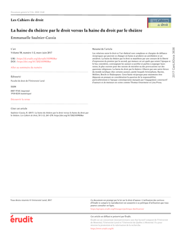 La Haine Du Théâtre Par Le Droit Versus La Haine Du Droit Par Le Théâtre Emmanuelle Saulnier-Cassia