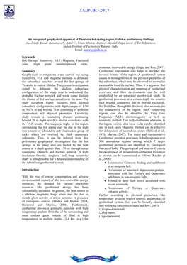 An Integrated Geophysical Appraisal of Tarabalo Hot Spring Region, Odisha: Preliminary Findings Aurobindo Kumar Basantaray*