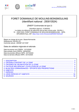 FORET DOMANIALE DE MOULINS-BONSMOULINS (Identifiant National : 250013524)