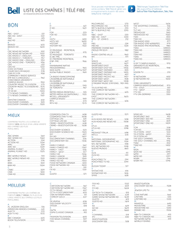 LISTE DES CHAÎNES TÉLÉ FIBE Enregistrements À Partir De Votre Bell.Ca/Tele-Fibe/Application Tele Fibe