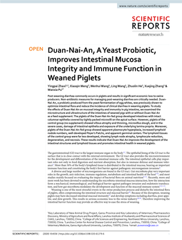 Duan-Nai-An, a Yeast Probiotic, Improves Intestinal Mucosa Integrity and Immune Function in Weaned Piglets