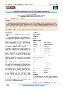 A Review on Phyla Nodiflora Linn.: a Wild Wetland Medicinal Herb