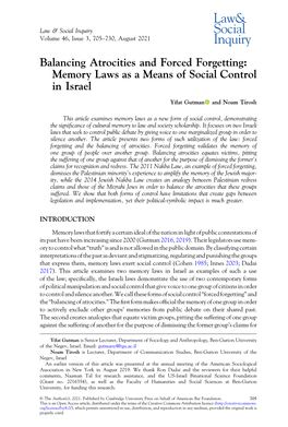 Balancing Atrocities and Forced Forgetting: Memory Laws As a Means of Social Control in Israel