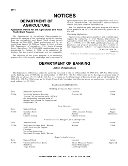 NOTICES Agricultural Issues and Other Issues Specific to Rural Areas DEPARTMENT of in This Commonwealth