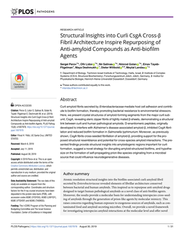 Structural Insights Into Curli Csga Cross-Β Fibril Architecture Inspire Repurposing of Anti-Amyloid Compounds As Anti-Biofilm Agents