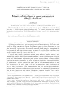 Indagine Sull'acarofauna in Alcune Aree Cerealicole Di Puglia E