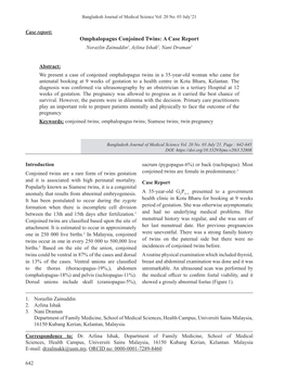 Omphalopagus Conjoined Twins: a Case Report Norazlin Zainuddin1, Azlina Ishak2, Nani Draman3