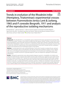 Trends in Evolution of the Rhodniini Tribe (Hemiptera, Triatominae): Experimental Crosses Between Psammolestes Tertius Lent &