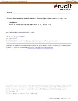 "The Moral Paradox of Adverse Possession: Sovereignty and Revolution in Property Law"