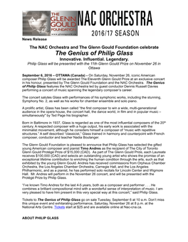 Sept 6 FINAL News Release the Genius of Philip Glass