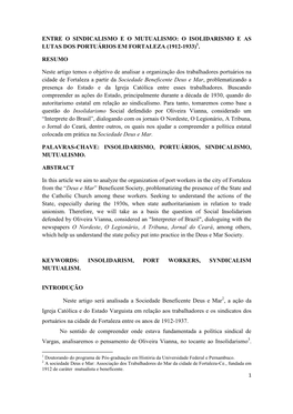 Entre O Sindicalismo E O Mutualismo: O Isolidarismo E As Lutas Dos Portuários Em Fortaleza (1912-1933)1