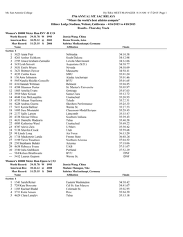 57Th ANNUAL MT. SAC RELAYS "Where the World's Best Athletes Compete" Hilmer Lodge Stadium, Walnut, California - 4/16/2015 to 4/18/2015 Results - Thursday Track