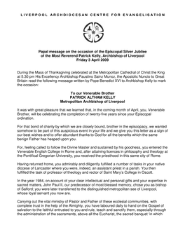 Papal Message on the Occasion of the Episcopal Silver Jubilee of the Most Reverend Patrick Kelly, Archbishop of Liverpool Friday 3 April 2009