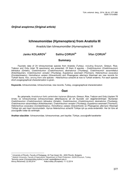 Ichneumonidae (Hymenoptera) from Anatolia III Anadolu’Dan Ichneumonidler (Hymenoptera) III