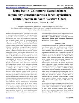 Dung Beetle (Coleoptera: Scarabaeinae) Community Structure Across a Forest-Agriculture Habitat Ecotone in South Western Ghats Thomas Latha1,*, Thomas K