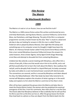 Film Review the Matrix by Wachowski Brothers 1999