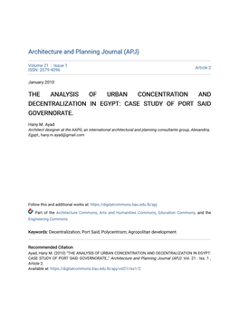 The Analysis of Urban Concentration and Decentralization in Egypt: Case Study of Port Said Governorate