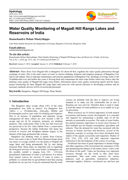 Water Quality Monitoring of Magadi Hill Range Lakes and Reservoirs of India