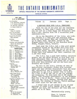 The Ontario Numismatist 4 Official Publication of the Ontario Numismatic Association Founded 1961 Waterloo, Ontario I 1971 - 1973 0