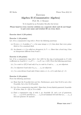 Exercises Algebra II (Commutative Algebra) Prof