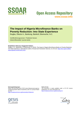 The Impact of Nigeria Microfinance Banks on Poverty Reduction: Imo State Experience Ihugba, Okezie A.; Bankong, Bankoli; Ebomuche, N.C
