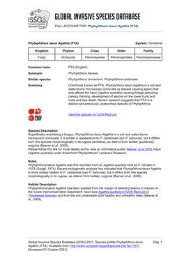 FULL ACCOUNT FOR: Phytophthora Taxon Agathis (PTA) Global Invasive Species Database (GISD) 2021. Species Profile Phytophthora Ta