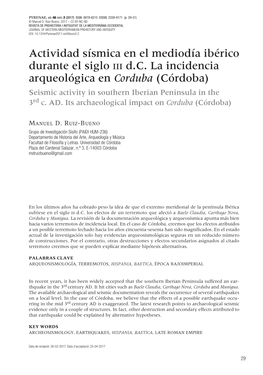 Actividad Sísmica En El Mediodía Ibérico Durante El Siglo Iii D.C. La Incidencia Arqueológica En Corduba (Córdoba)