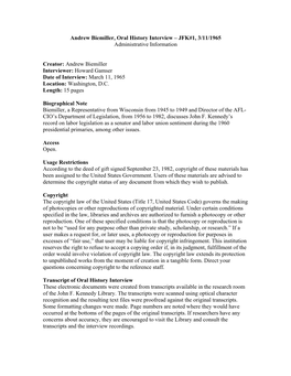 Andrew Biemiller Interviewer: Howard Gamser Date of Interview: March 11, 1965 Location: Washington, D.C