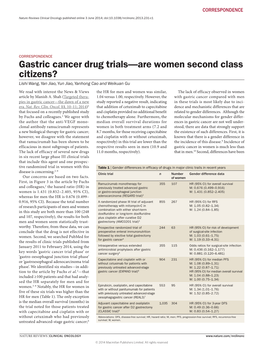 Gastric Cancer Drug Trials—Are Women Second Class Citizens? Lishi Wang, Yan Jiao, Yun Jiao, Yanhong Cao and Weikuan Gu