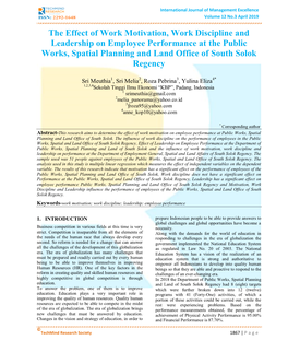 The Effect of Work Motivation, Work Discipline and Leadership on Employee Performance at the Public Works, Spatial Planning and Land Office of South Solok Regency