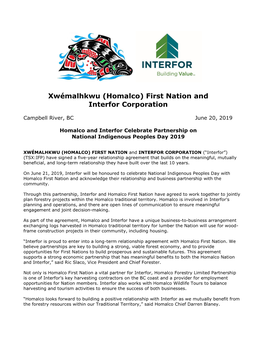 Xwémalhkwu (Homalco) First Nation and Interfor Corporation