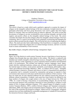 Refugees Came and Left, What Remains? the Case of Ngara District, North-Western Tanzania