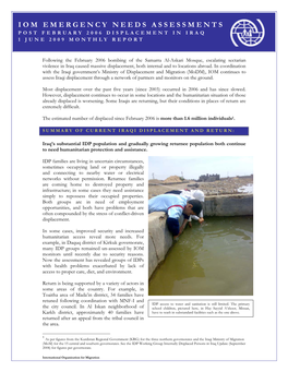 Iom Emergency Needs Assessments Post February 2006 Displacement in Iraq 1 June 2009 Monthly Report