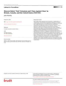 Moscow Rules? 'Red' Unionism and 'Class Against Class' in Britain, Canada, and the United States,1928-1935 John Manley