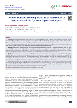 Oviposition and Breeding Water Sites Preferences of Mosquitoes Within Ojo Area, Lagos State, Nigeria
