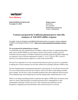 News Release Verizon Is Prepared for California Planned Power Shut Offs; Summary of Fall 2019 Wildfire Response