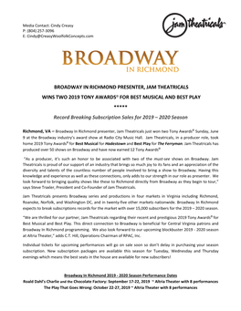 Broadway in Richmond Presenter, Jam Theatricals