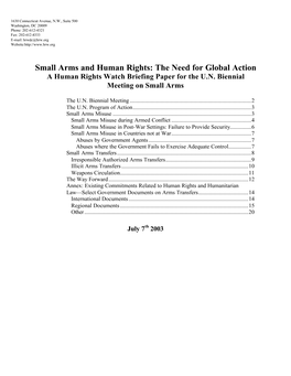 Small Arms and Human Rights: the Need for Global Action a Human Rights Watch Briefing Paper for the U.N