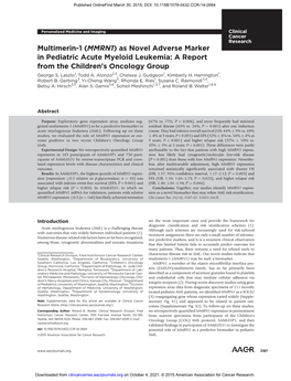 MMRN1) As Novel Adverse Marker in Pediatric Acute Myeloid Leukemia: a Report from the Children's Oncology Group George S