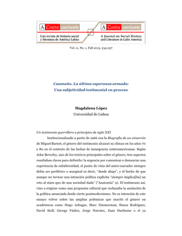 Caamaño. La Última Esperanza Armada: Una Subjetividad Testimonial En Proceso