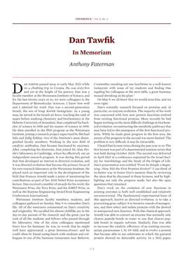 Dan Tawfik: in Memoriam