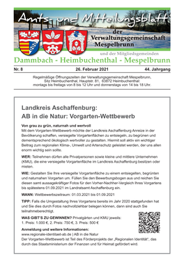 Amts- Und Mitteilungsblatt Der Verwaltungsgemeinschaft Mespelbrunn Und Der Mitgliedsgemeinden Dammbach - Heimbuchenthal - Mespelbrunn Nr