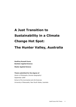 A Just Transition to Sustainability in a Climate Change Hot Spot: the Hunter Valley, Australia