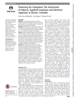 The Intersection of Tobacco, Legalised Marijuana and Electronic Vaporisers in Denver, Colorado Emily Anne Mcdonald,1 Lucy Popova,2 Pamela M Ling3