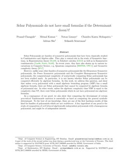 Schur Polynomials Do Not Have Small Formulas If the Determinant Doesn't!