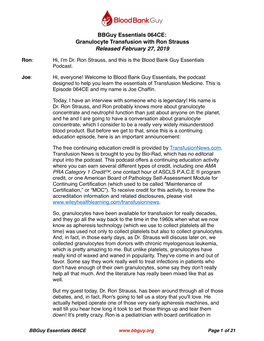 Bbguy Essentials 064CE: Granulocyte Transfusion with Ron Strauss Released February 27, 2019