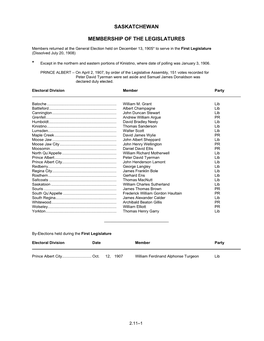 Saskatchewan Membership of the Legislatures