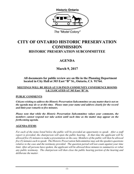 City of Ontario Historic Preservation Commission Historic Preservation Subcommittee